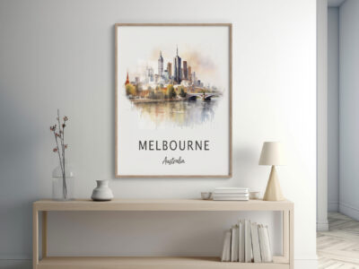 Melbourne cityscape artwork on a stylish shelf