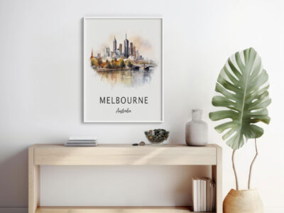 Framed Melbourne skyline artwork on a shelf.