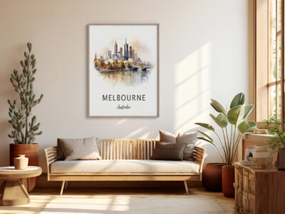 Cozy room with Melbourne cityscape artwork.