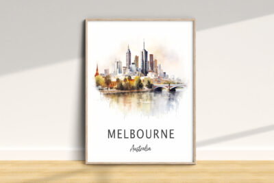 Framed watercolor print of Melbourne skyline, Australia.