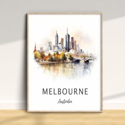 Framed watercolor print of Melbourne skyline, Australia.