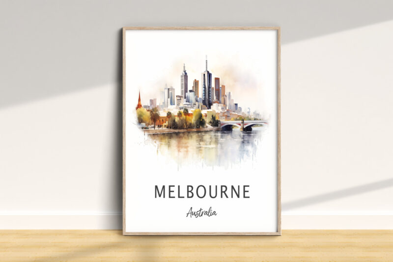 Framed watercolor print of Melbourne skyline, Australia.