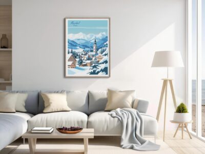 Modern living room with mountain landscape poster.