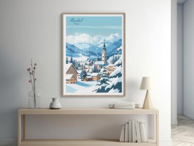 Meribel France snowy village poster with mountains