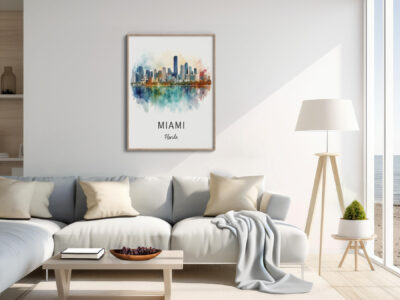 Minimalist living room with Miami skyline art.