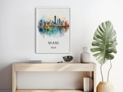 Miami skyline watercolor art on modern shelf.