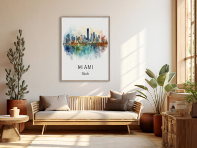 Cozy living room with Miami skyline artwork