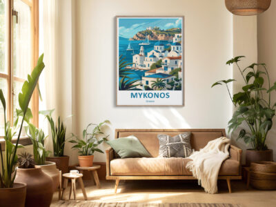 Cozy living room with Mykonos poster on wall.