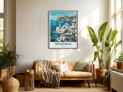 Cozy living room with Mykonos poster.