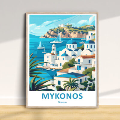 Mykonos Greece travel poster with ocean view.
