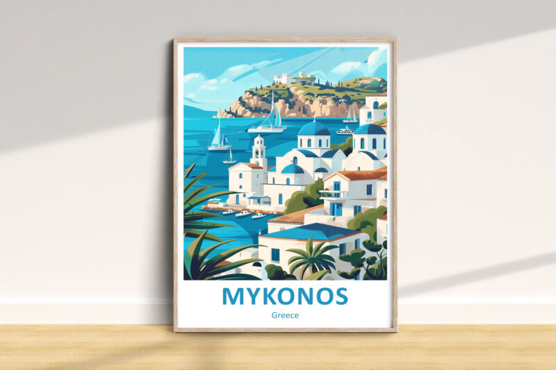 Mykonos Greece travel poster with ocean view.