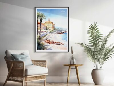 Coastal painting framed in modern living room decor.