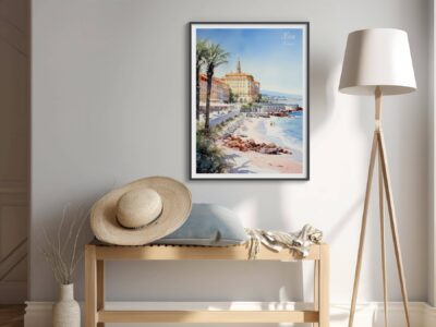 Cozy room with framed coastal landscape art.