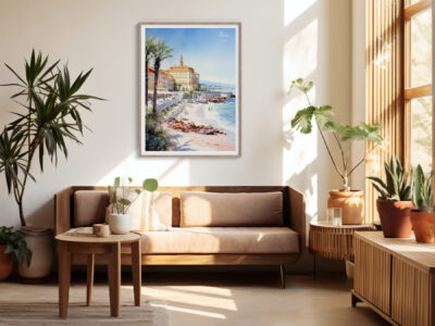 Cozy living room with plants and artwork.