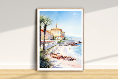Nice France watercolor beach scene in frame