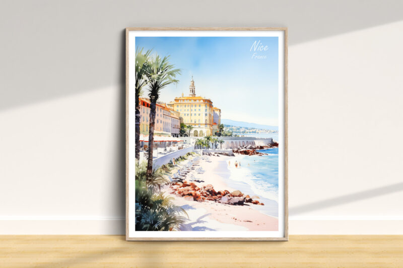 Nice France watercolor beach scene in frame