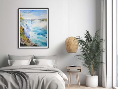 Bedroom with Niagara Falls painting and potted plant.