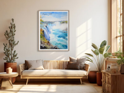Living room with Niagara Falls wall art.