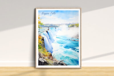 Framed Niagara Falls watercolor art on white wall.