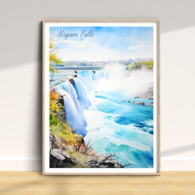 Framed Niagara Falls watercolor art on white wall.