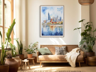 Cozy living room, plants, and framed city artwork.