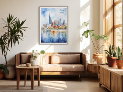 Cozy living room with city skyline art.