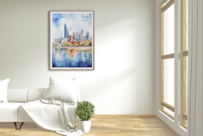 Modern living room with Perth cityscape art.