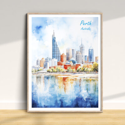 Watercolor painting of Perth cityscape and reflection.