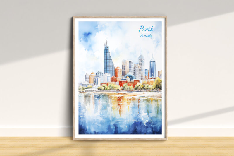 Watercolor painting of Perth cityscape and reflection.