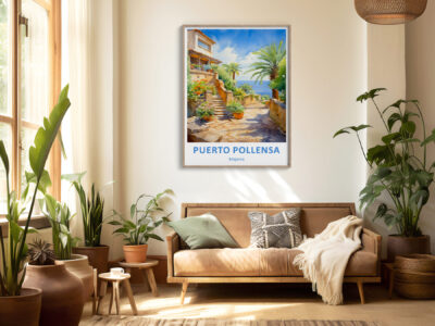 Cozy living room with Puerto Pollença poster.