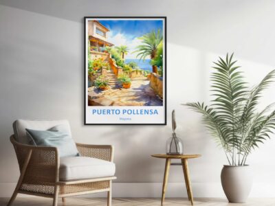 Framed Puerto Pollensa painting in room with chair