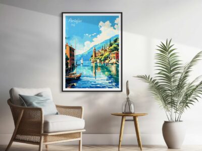 Portofino Italy poster, coastal painting in room decor.