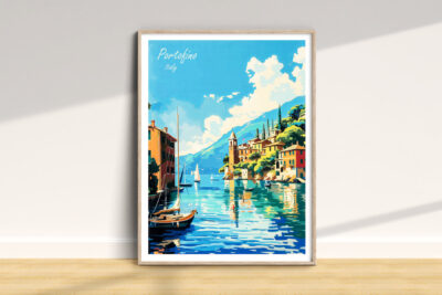 Framed Portofino Italy poster on wall