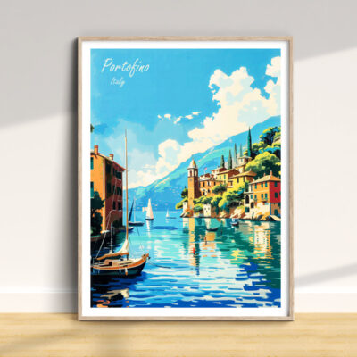 Framed Portofino Italy poster on wall