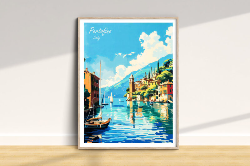 Framed Portofino Italy poster on wall