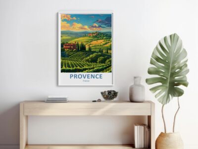 Provence landscape artwork in modern room setting.