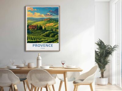 Dining room with Provence poster on wall.