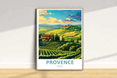 Provence landscape illustration with vineyards and hills.