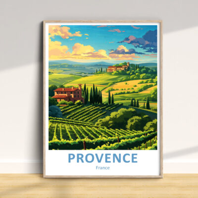 Provence landscape illustration with vineyards and hills.