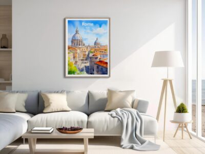 Modern living room with Rome artwork on wall.