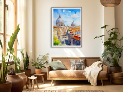 Cozy room with Rome artwork and plants.