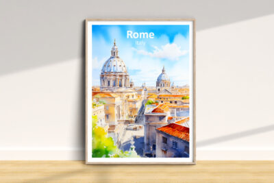 Framed watercolor art of Rome skyline.