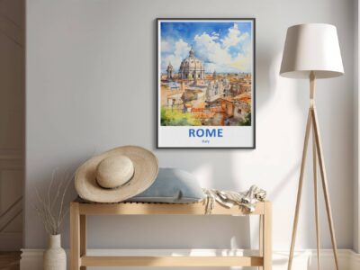 Rome artwork, bench, hat and lamp in room.