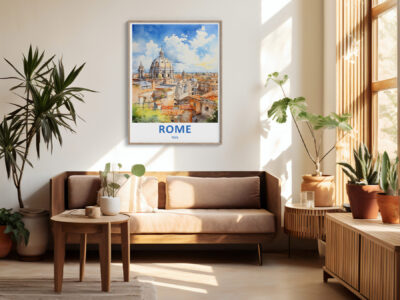 Cozy living room with Rome art on wall.