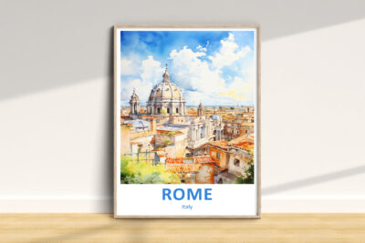 Framed watercolor painting of Rome skyline.