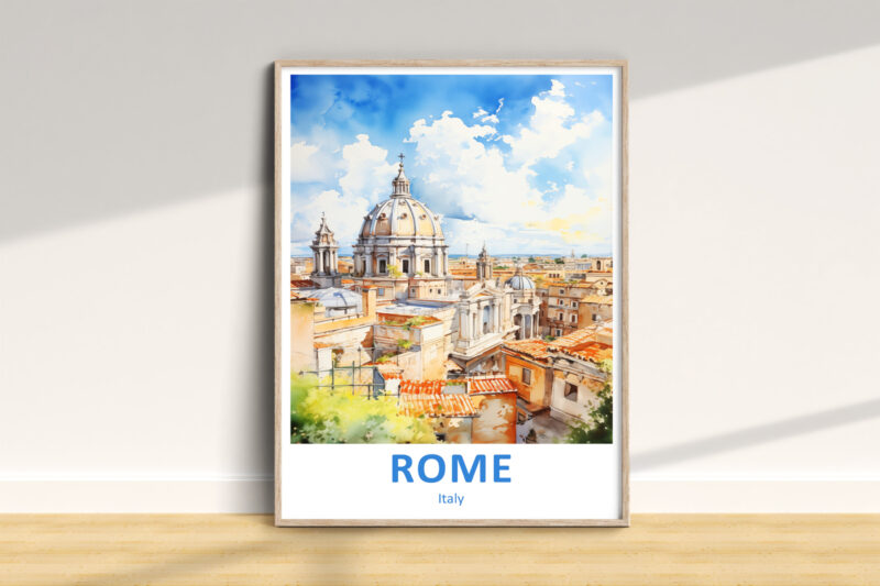 Framed watercolor painting of Rome skyline.