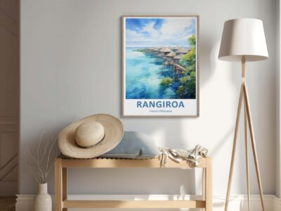 Rangiroa poster above casual seating area.