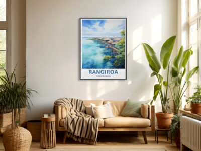 Cozy living room with tropical decor and framed art.