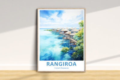 Illustration of bungalows over water, Rangiroa, Polynesia.