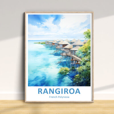 Illustration of bungalows over water, Rangiroa, Polynesia.